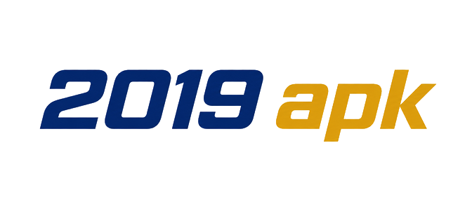2019 apk logo in a pink and blue badge